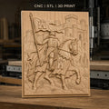 Fichier CNC & impression 3D chevalier médiéval à cheval avec château, drapeau et armure, haute qualité relief STL