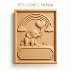 Fichier CNC & impression 3D éléphant bébé, ballon cœur, arc-en-ciel, nuages, relief pour chambre d'enfant, haute qualité relief STL