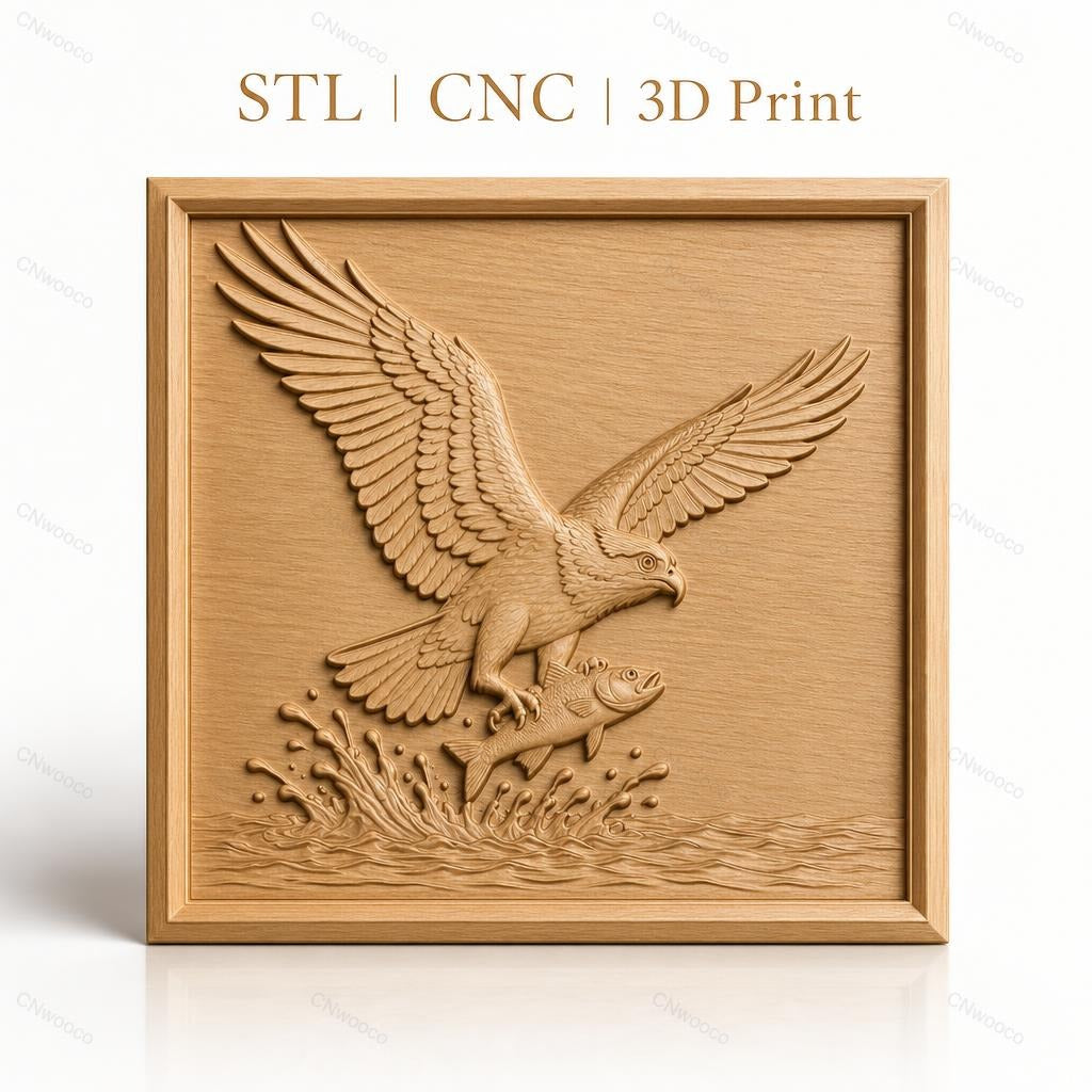 Fichier CNC & impression 3D aigle avec poisson et éclaboussures d'eau, haute qualité relief STL