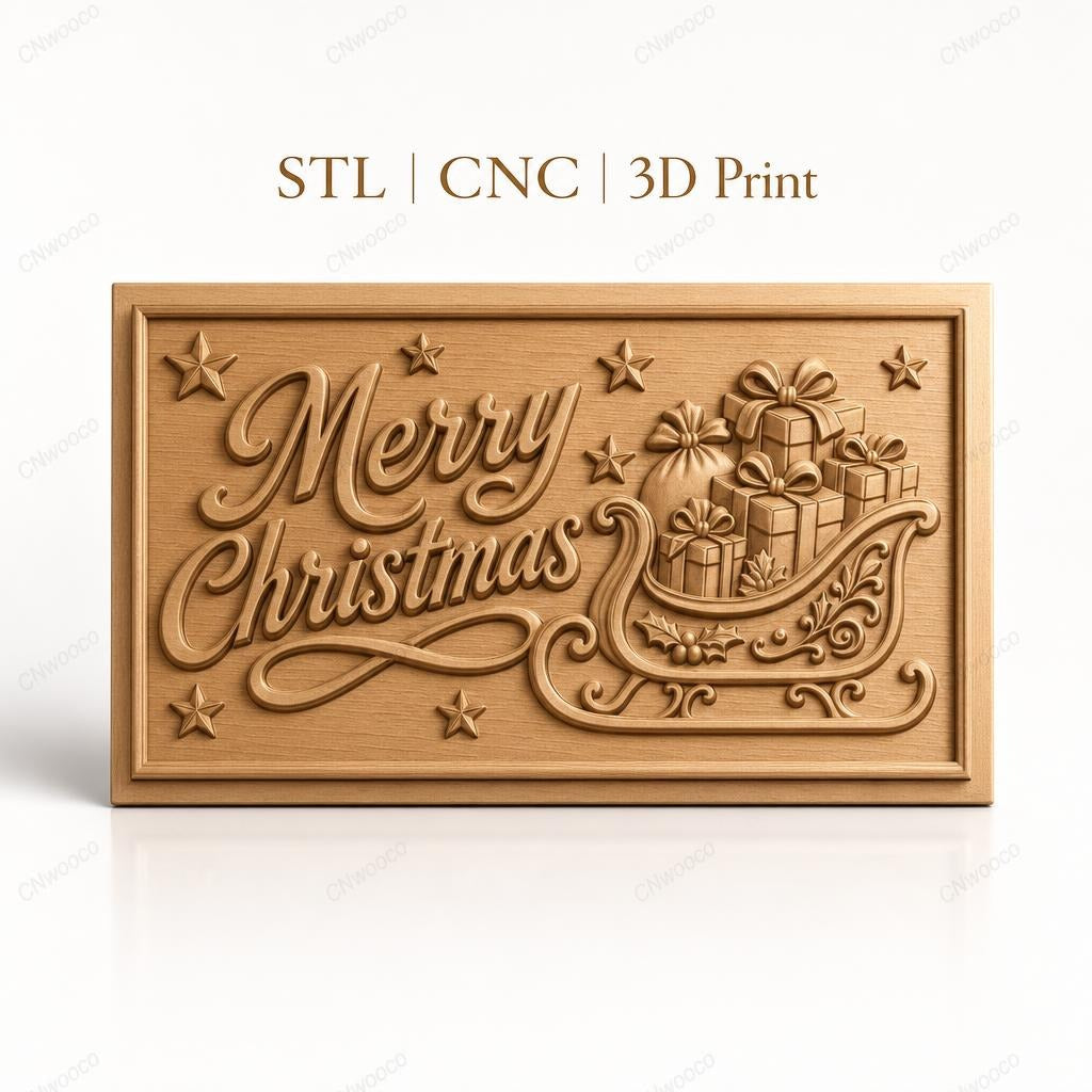 Fichier CNC & impression 3D Noël avec traîneau et cadeaux, étoiles décoratives, haute qualité relief STL