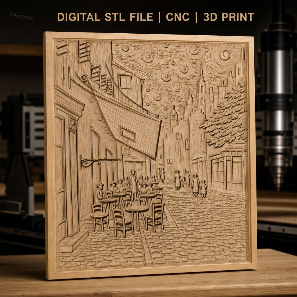 Fichier CNC & impression 3D scène de rue vintage avec café en plein air, bâtiments anciens et ciel étoilé, haute qualité relief STL