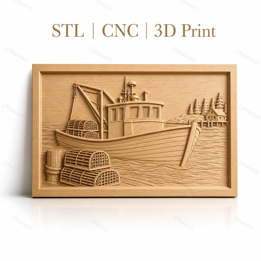 Fichier CNC & impression 3D bateau de pêche, casiers à homard, maison de bord de mer, haute qualité relief STL