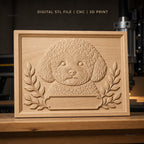 Fichier CNC & impression 3D chien caniche, relief avec feuilles décoratives, haute qualité relief STL