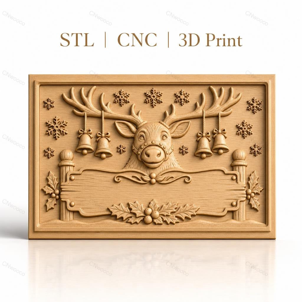 Fichier CNC & impression 3D renne de Noël, cloches, flocons de neige, relief festif haute qualité relief STL