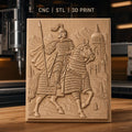 Fichier CNC & impression 3D chevalier à cheval en armure, temple et montagnes, haute qualité relief STL
