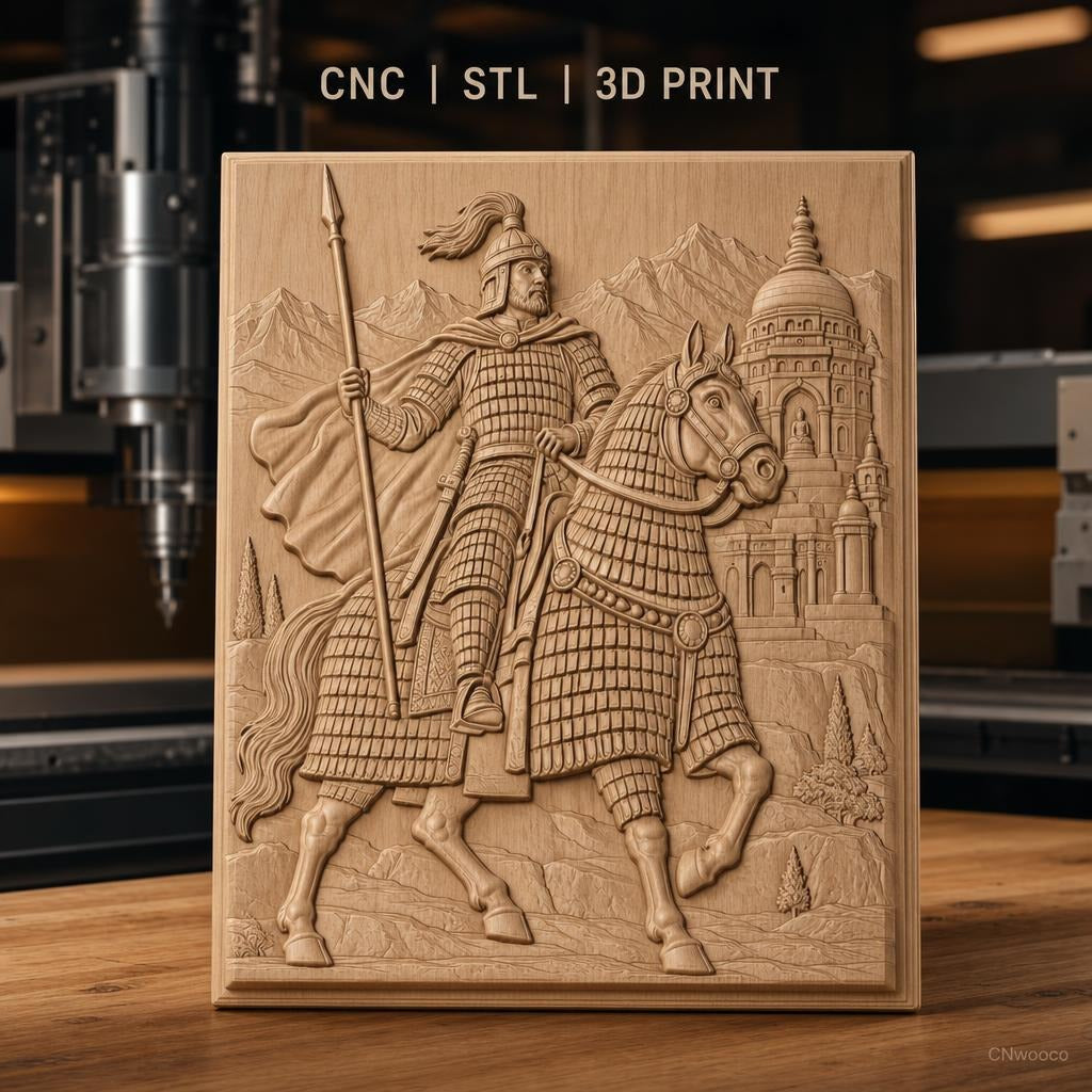 Fichier CNC & impression 3D chevalier à cheval en armure, temple et montagnes, haute qualité relief STL