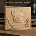 Fichier CNC & impression 3D Bouledogue français, portrait relief avec feuilles et cadre, haute qualité relief STL