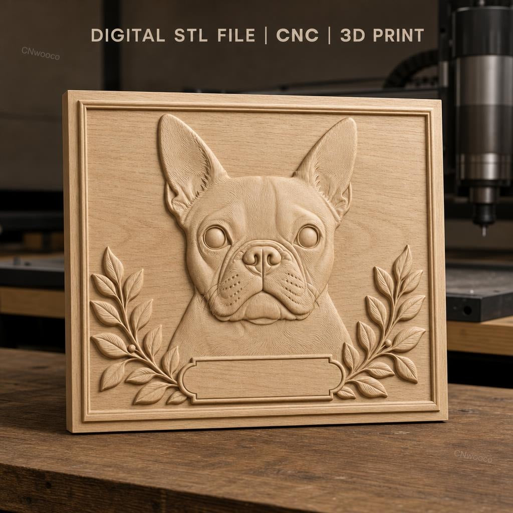 Fichier CNC & impression 3D Bouledogue français, portrait relief avec feuilles et cadre, haute qualité relief STL