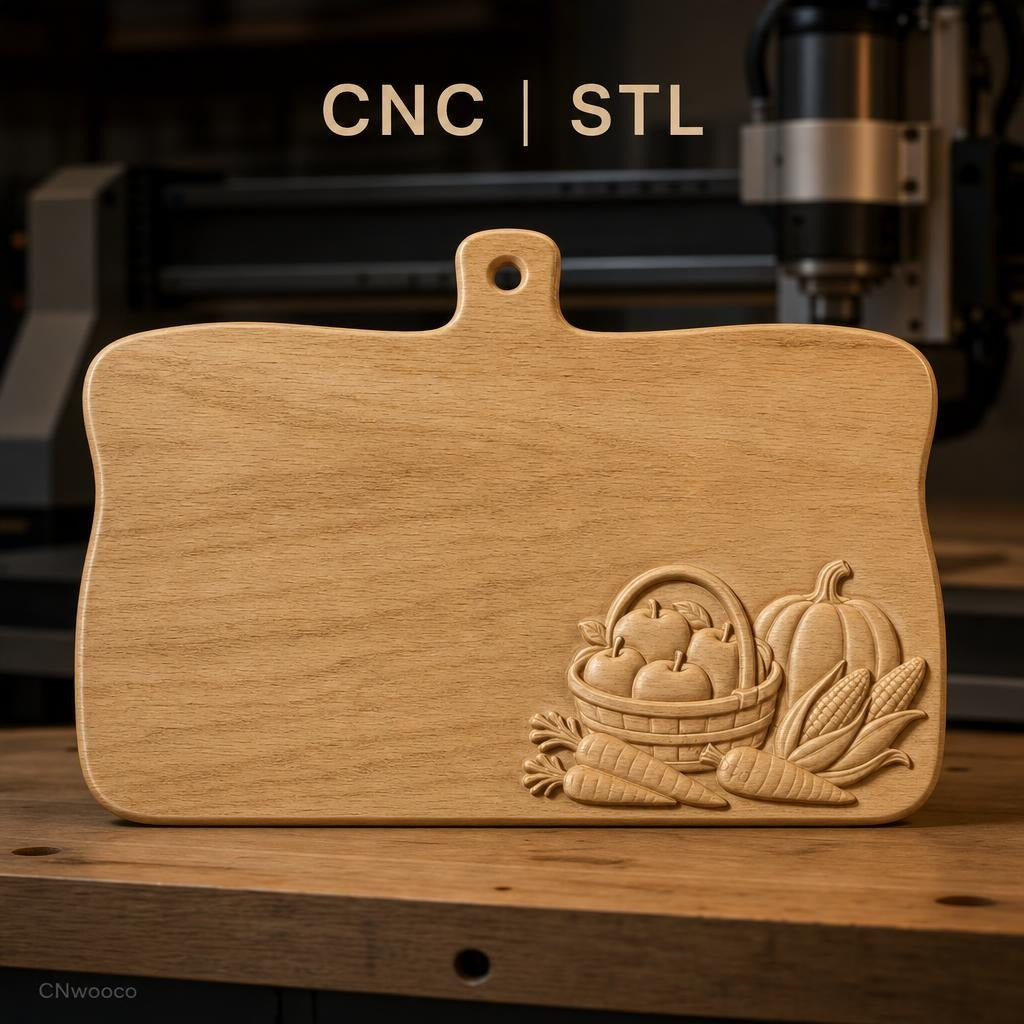 Fichier CNC Planche à découper avec légumes en bas-relief, STL
