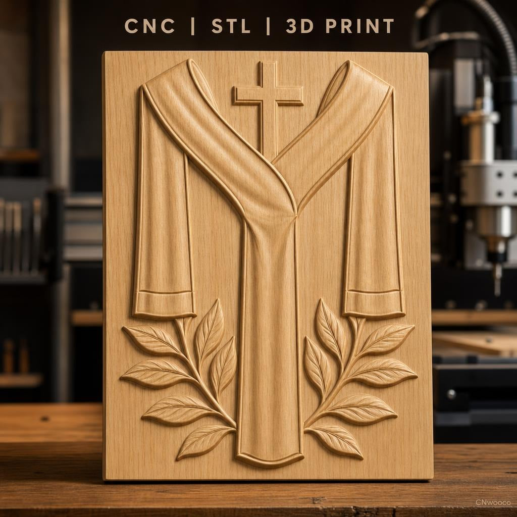 Fichier CNC & impression 3D thème religieux, croix, étole et feuilles, haute qualité relief STL