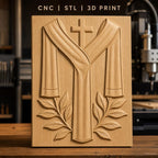Fichier CNC & impression 3D thème religieux, croix, étole et feuilles, haute qualité relief STL