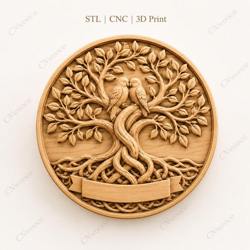 CNC & impression 3D relief arbre de vie avec oiseaux, fichier famille bois, STL de haute qualité, à personnaliser