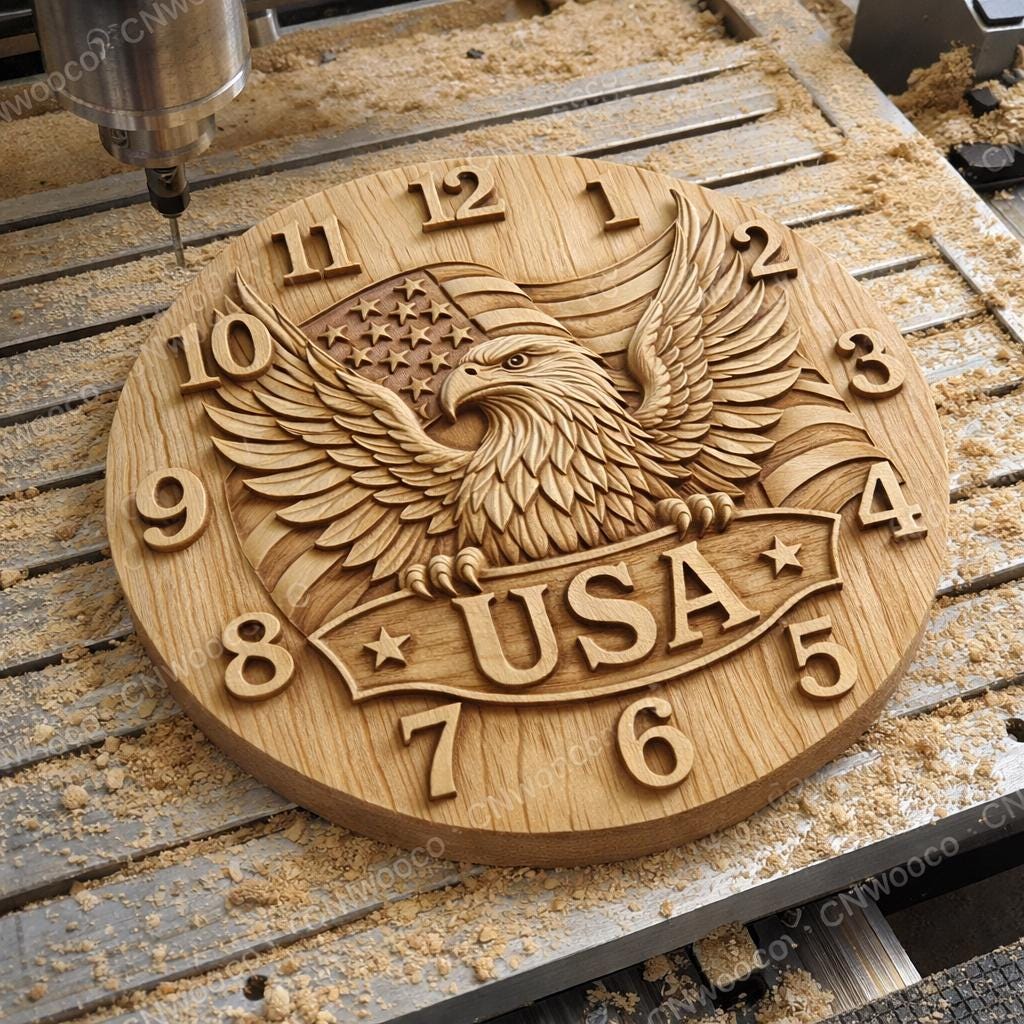 Fichier CNC horloge aigle drapeau USA – bas-relief patriotique pour sculpture bois, décoration murale rustique STL haute qualité
