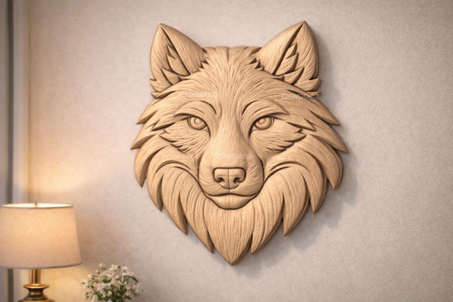 Fichier CNC tête de loup, bas-relief bois animal sauvage, décoration murale nature, sculpture bois, modèle gravure 3D STL