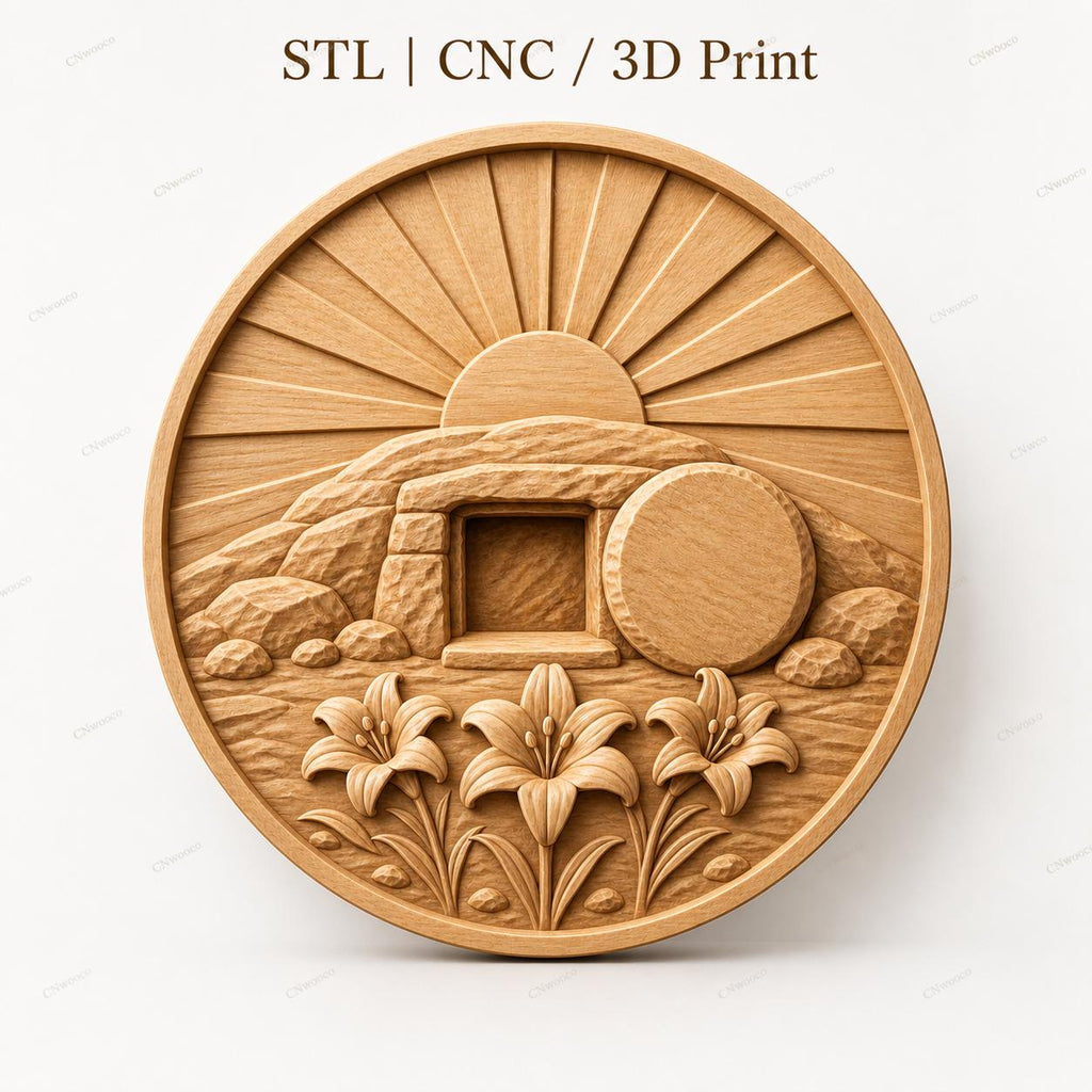 CNC & impression 3D relief tombeau vide de Pâques avec lys, fichier STL très haute qualité