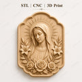 CNC & impression 3D Vierge Marie avec fleurs, STL haute qualité pour sculpture bois et relief religieux