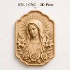 CNC & impression 3D Vierge Marie avec fleurs, STL haute qualité pour sculpture bois et relief religieux