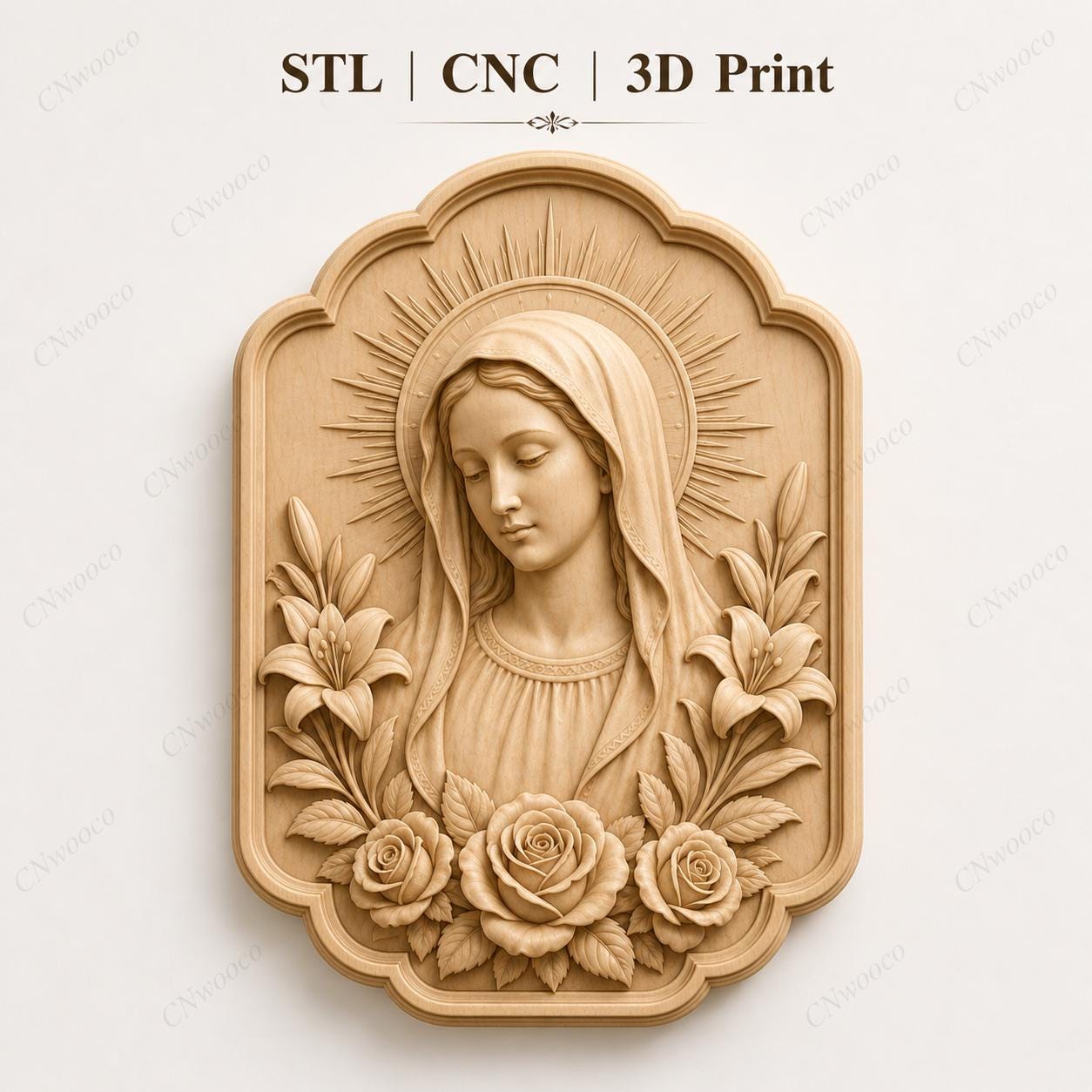 CNC & impression 3D Vierge Marie avec fleurs, STL haute qualité pour sculpture bois et relief religieux