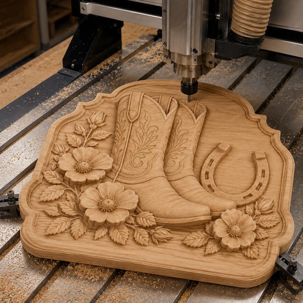 CNC & impression 3D relief bottes cowboy et fer à cheval, fichier western bois, STL de haute qualité, à personnaliser