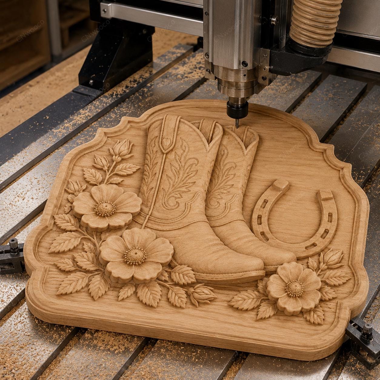 CNC & impression 3D relief bottes cowboy et fer à cheval, fichier western bois, STL de haute qualité, à personnaliser