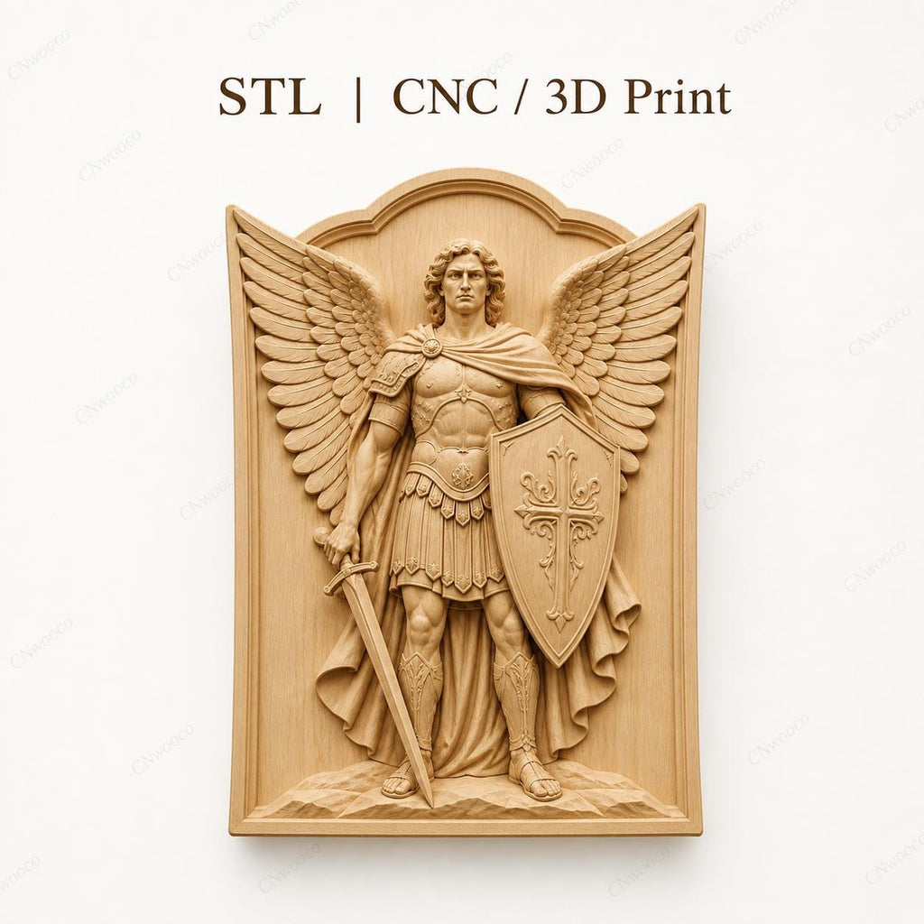 CNC & 3D-Druck Relief Krieger-Erzengel mit Schwert und Schild, sehr hochwertige STL-Datei