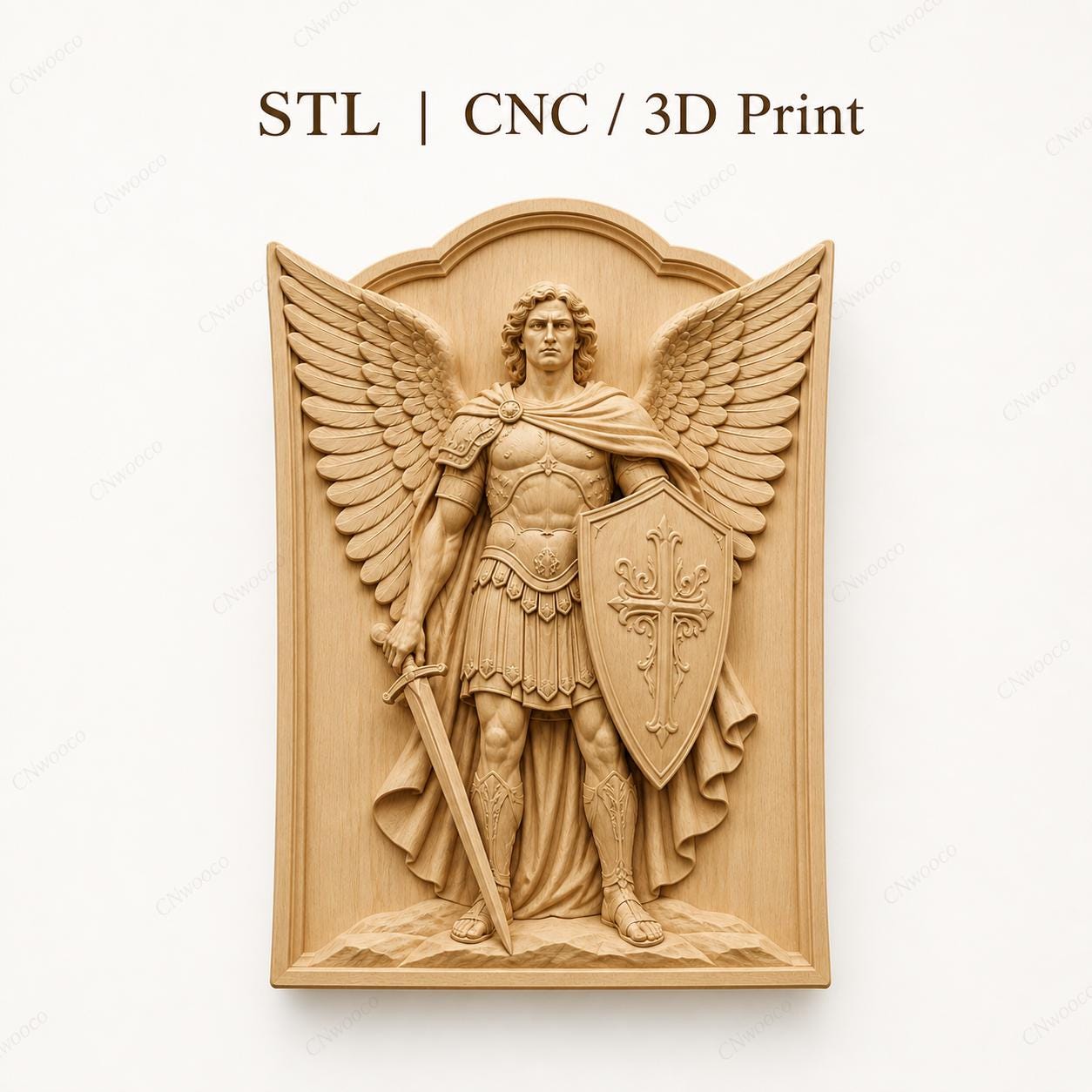 CNC & 3D-Druck Relief Krieger-Erzengel mit Schwert und Schild, sehr hochwertige STL-Datei
