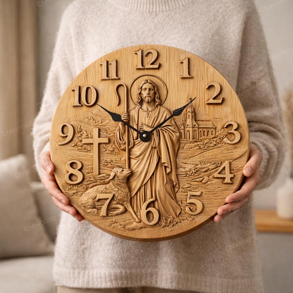 Fichier CNC horloge Jésus berger et brebis – bas-relief chrétien pour sculpture bois, décoration murale religieuse STL