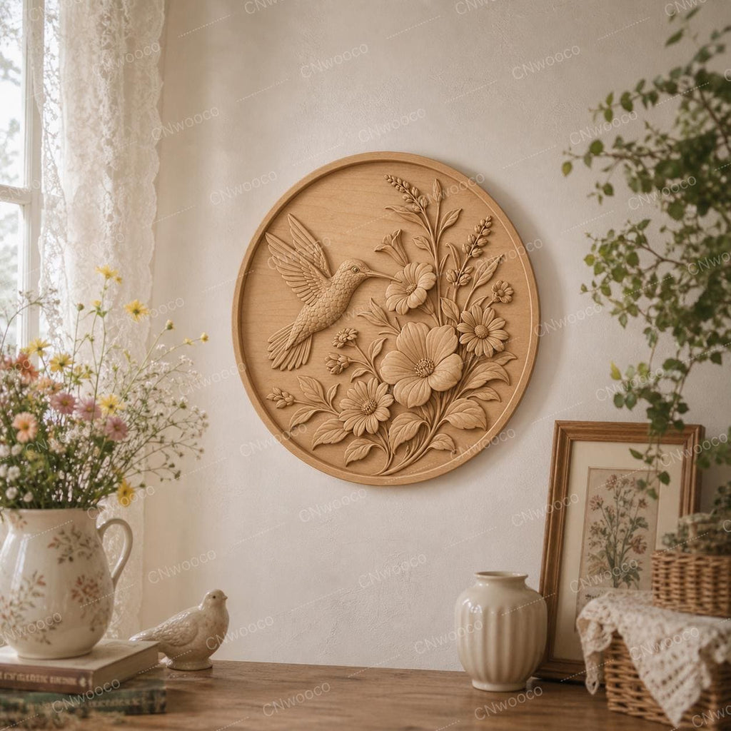 CNC & impression 3D relief colibri avec fleurs, décor floral nature, fichier STL très haute qualité
