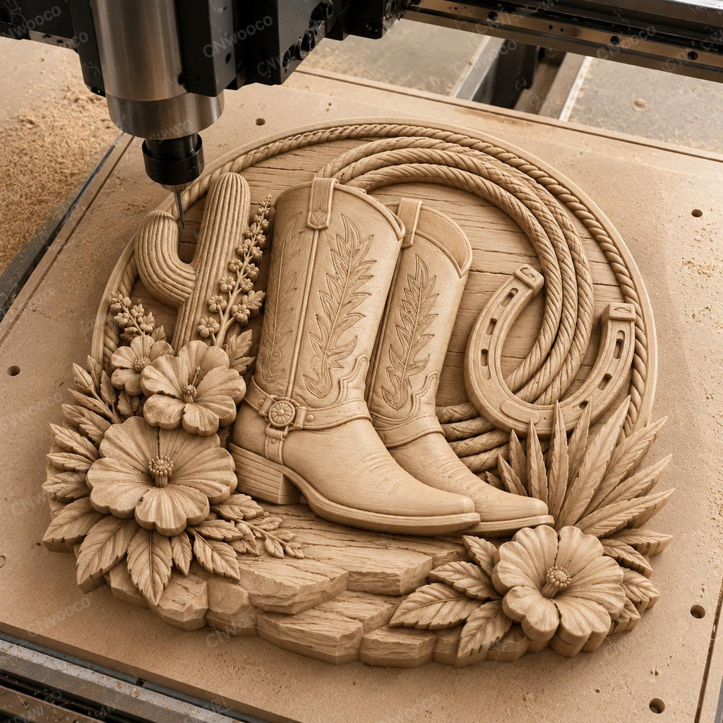 CNC & impression 3D bottes cowboy avec fer à cheval et cactus, fichier STL très haute qualité