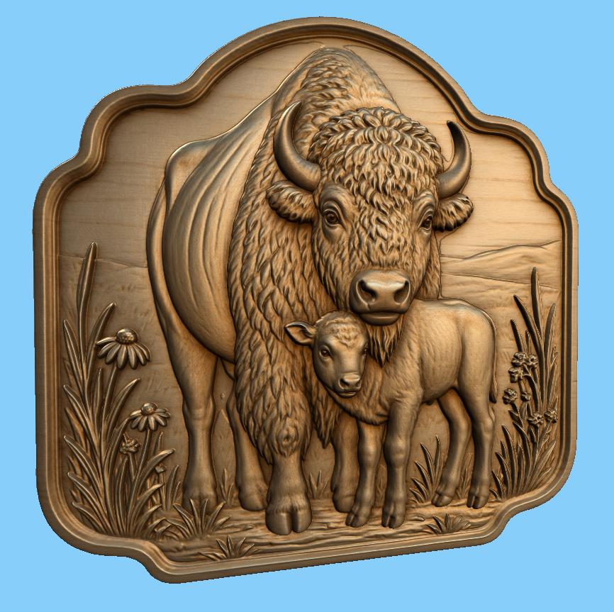 CNC & 3D-Druck Bison & Kalb, Western Wildlife Datei für Holzgravur, hochwertiges STL