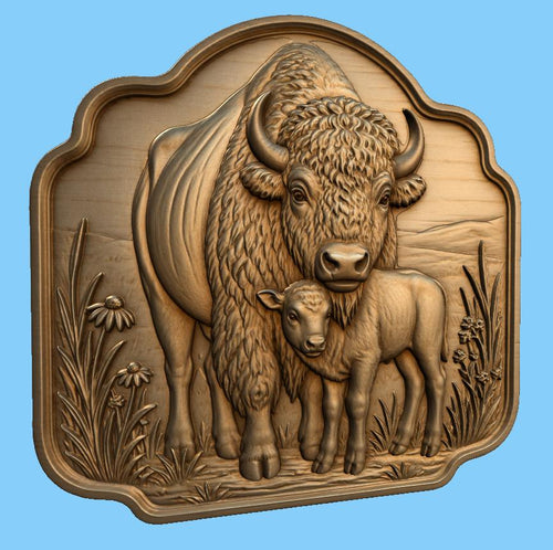 CNC & impression 3D relief bison et petit, fichier western wildlife pour gravure bois, STL de haute qualité