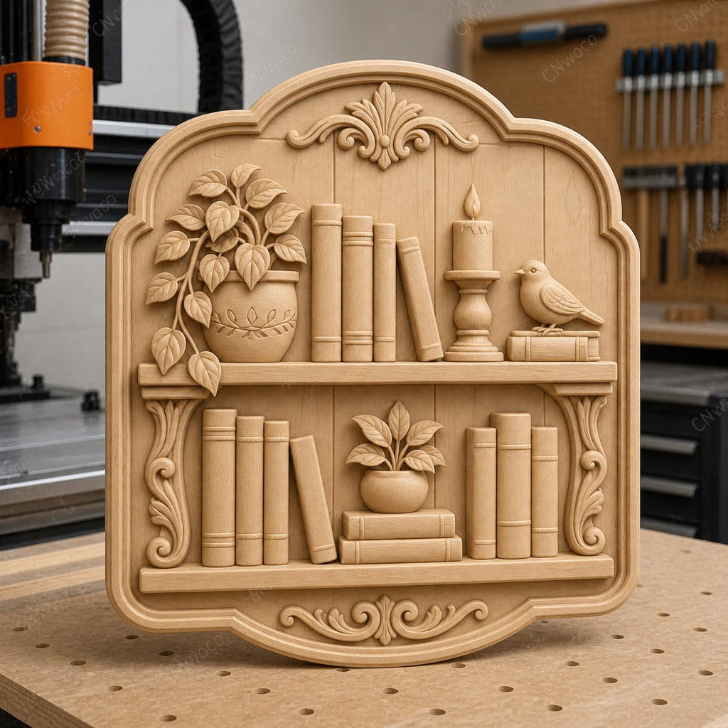 CNC & impression 3D relief bibliothèque avec livres plante bougie et oiseau, fichier STL très haute qualité