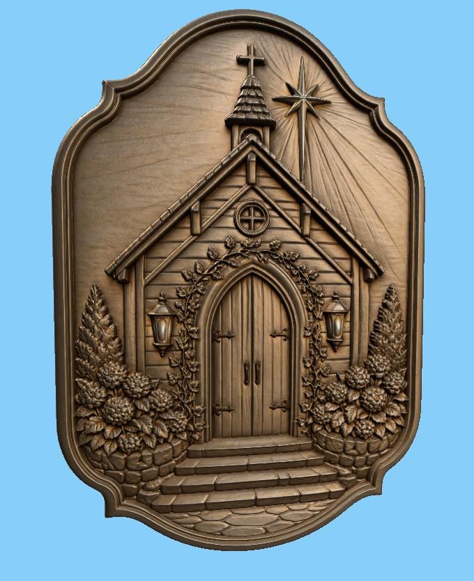 CNC & impression 3D relief chapelle fleurie avec porte gothique, fichier STL très haute qualité