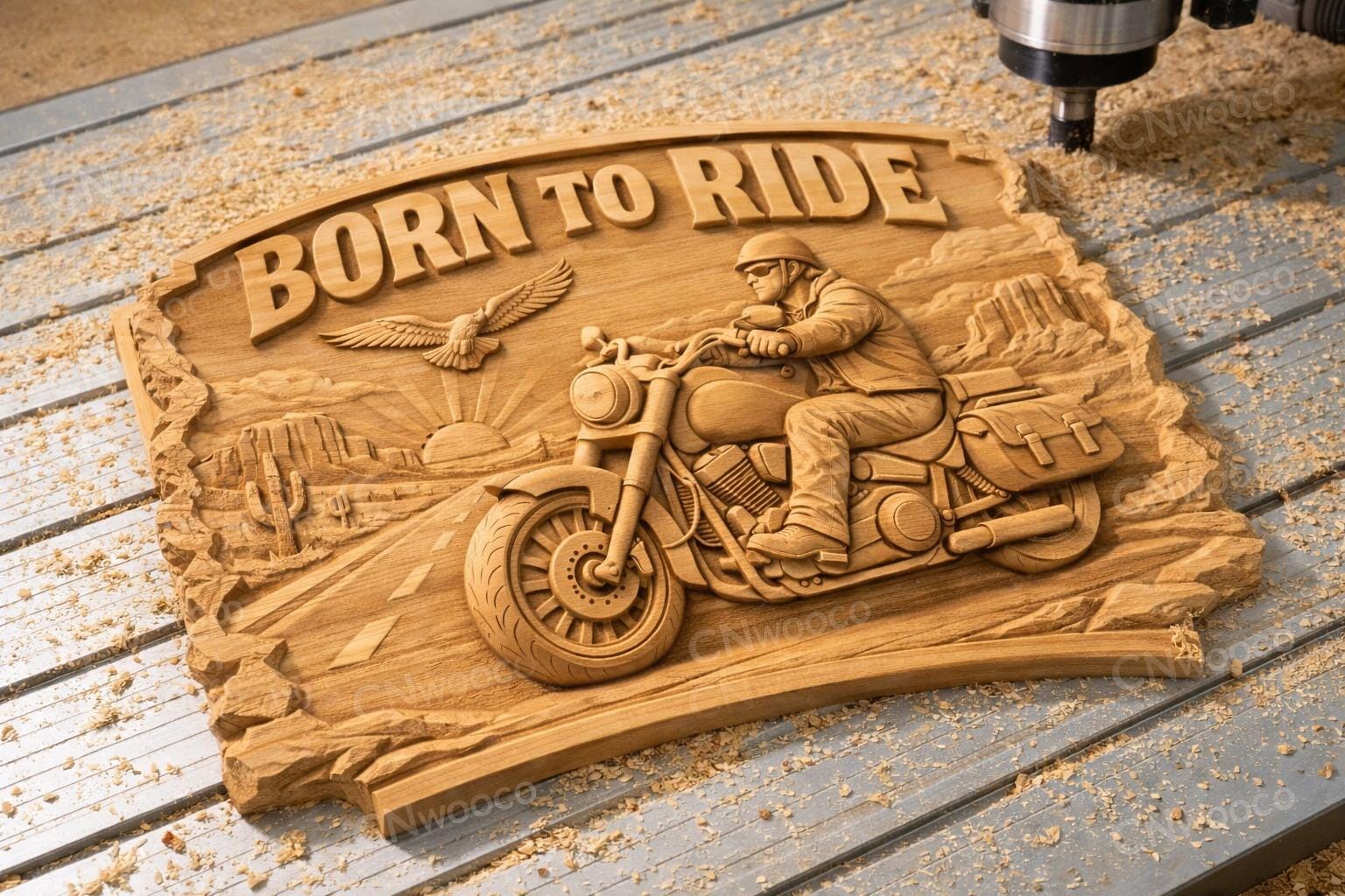 CNC-Datei Motorrad "Born to Ride" – Biker-Flachrelief für Holzskulptur, Garagen-Wanddeko und Man Cave STL