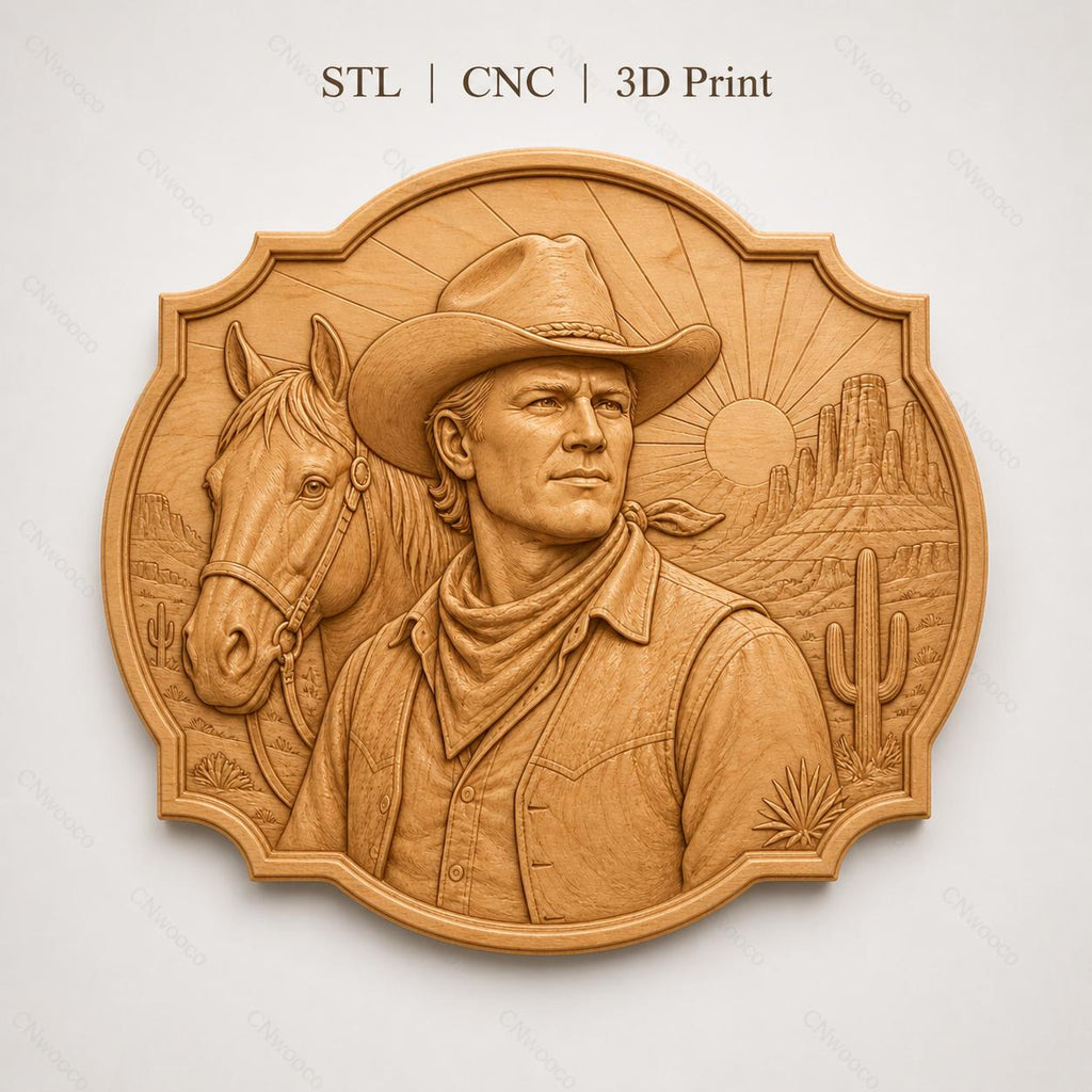 CNC & impression 3D cowboy avec cheval, STL haute qualité pour sculpture bois et décoration western