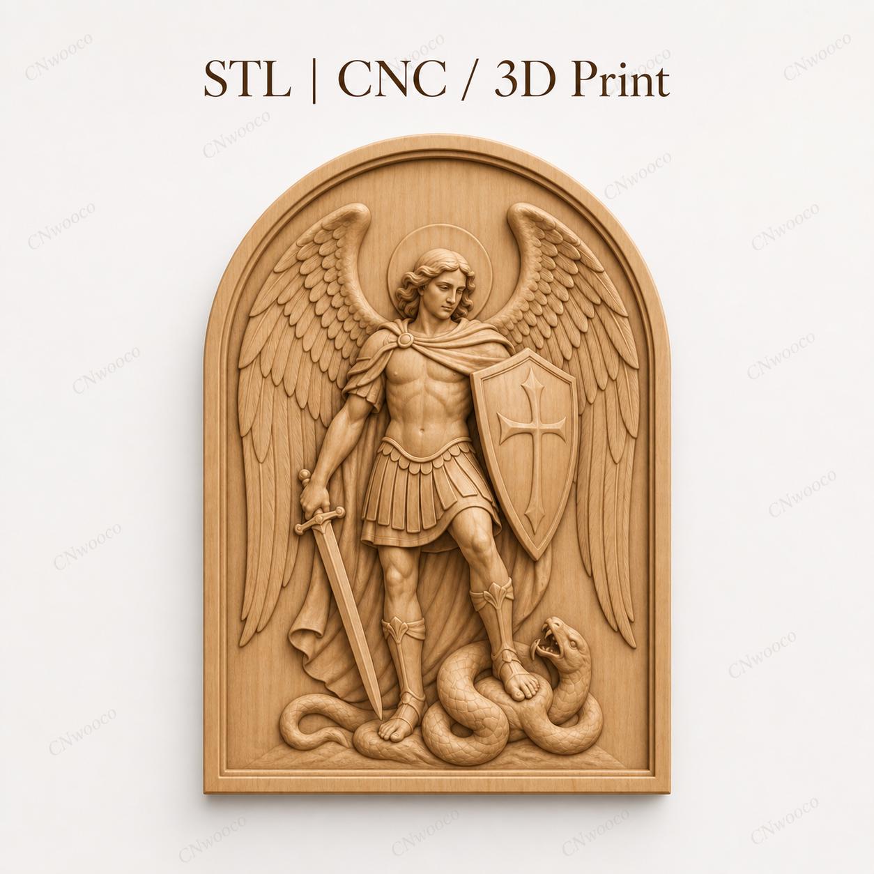 CNC & 3D-Druck Relief Erzengel, der die Schlange besiegt, STL-Datei sehr hohe Qualität