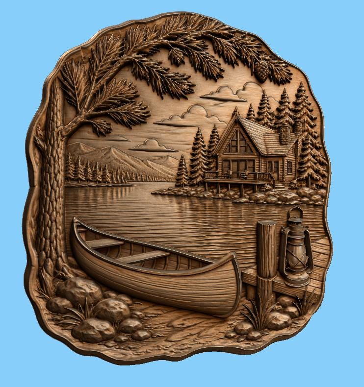 CNC & impression 3D chalet au bord du lac avec canoë, fichier STL très haute qualité