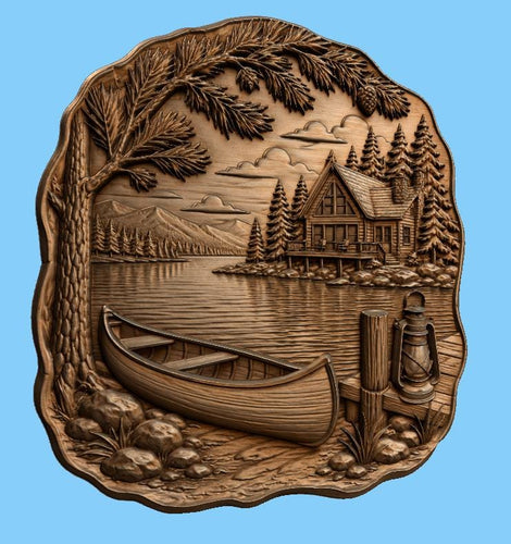CNC & impression 3D chalet au bord du lac avec canoë, fichier STL très haute qualité