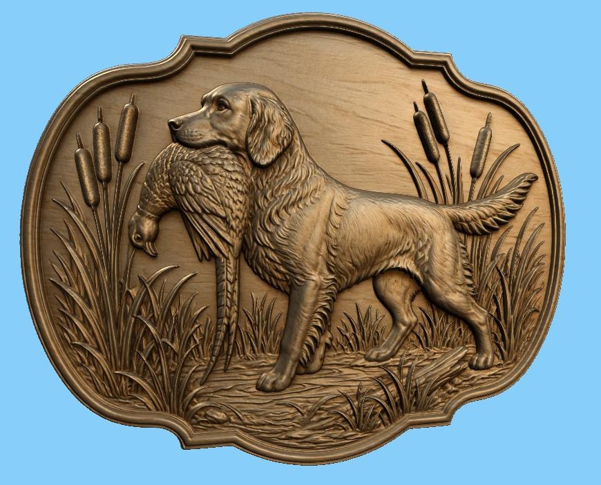 CNC & impression 3D chien de chasse rapportant un faisan, fichier STL très haute qualité