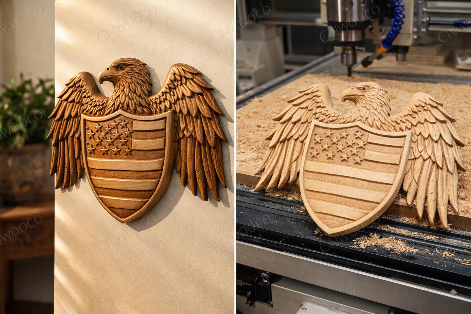 Fichier CNC & impression 3D aigle américain bouclier – bas-relief patriotique USA pour sculpture bois, décoration murale STL