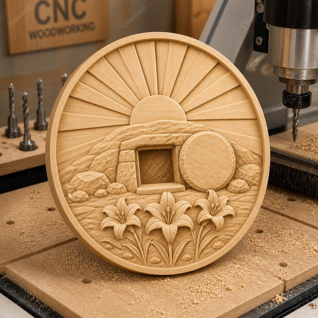 CNC & impression 3D relief tombeau vide de Pâques avec lys, fichier STL très haute qualité