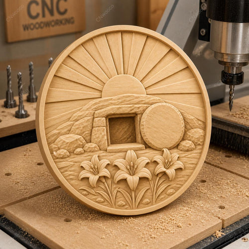 CNC & impression 3D relief tombeau vide de Pâques avec lys, fichier STL très haute qualité