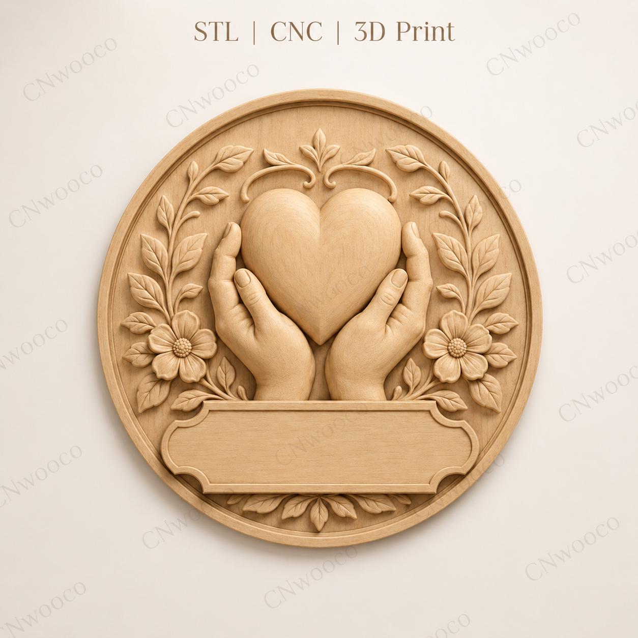 CNC & impression 3D relief mains tenant un cœur, fichier pour gravure bois, STL de haute qualité, à personnaliser