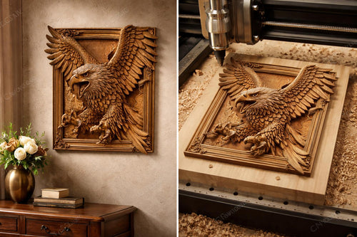 Fichier CNC aigle détaillé, bas-relief bois rustique, décoration murale nature, sculpture bois, modèle gravure 3D STL
