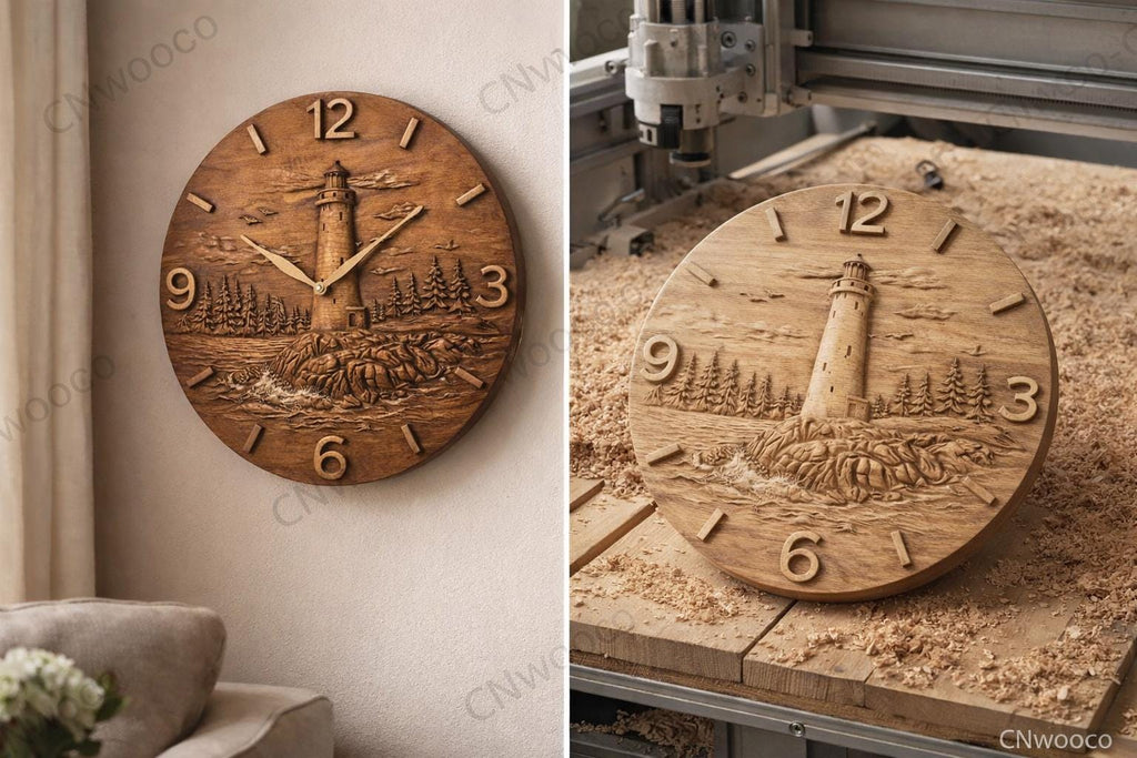 CNC-Datei Leuchtturm-Uhr – Küsten-Flachrelief für Holzskulpturen, nautische Wanddekoration STL