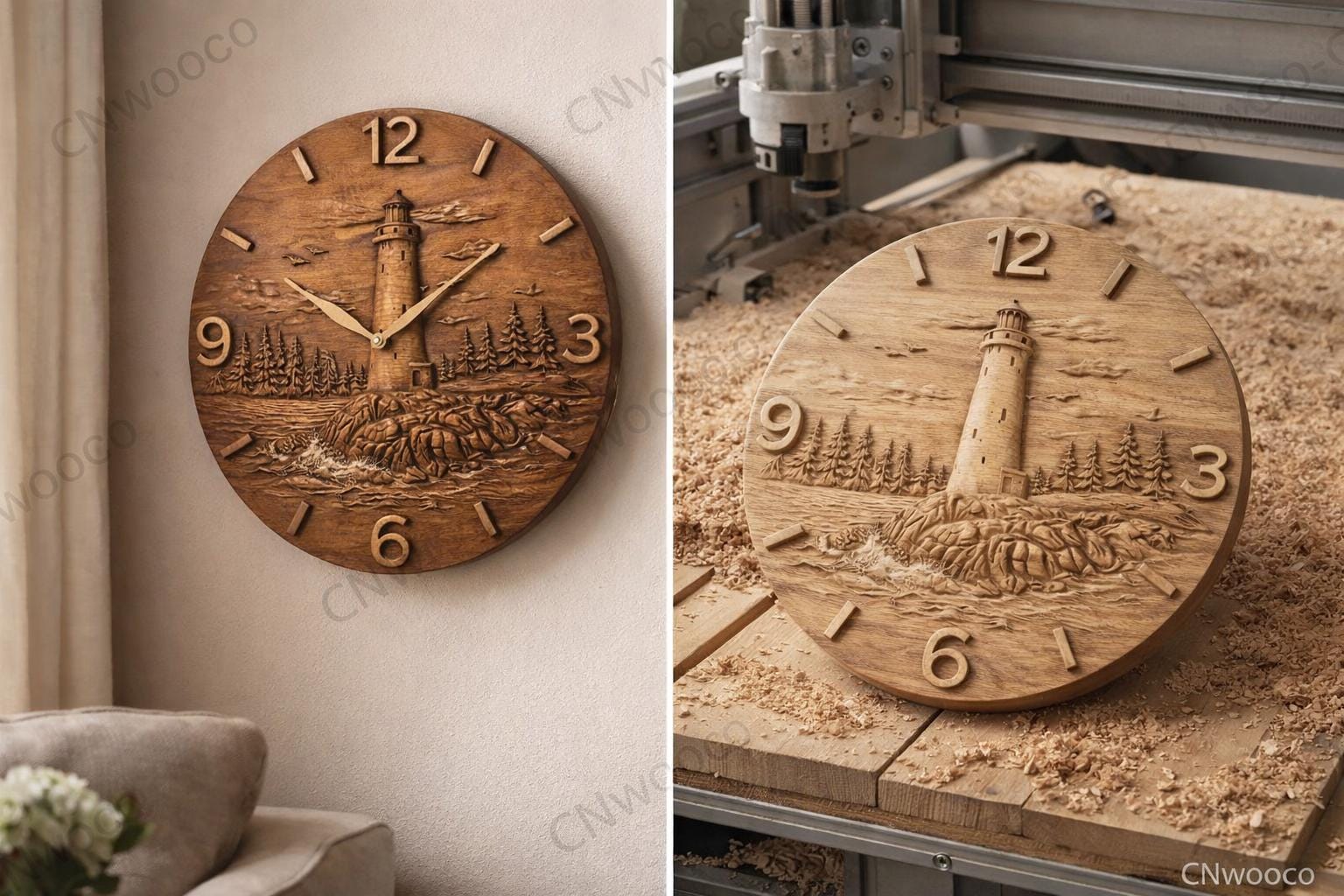 CNC-Datei Leuchtturm-Uhr – Küsten-Flachrelief für Holzskulpturen, nautische Wanddekoration STL