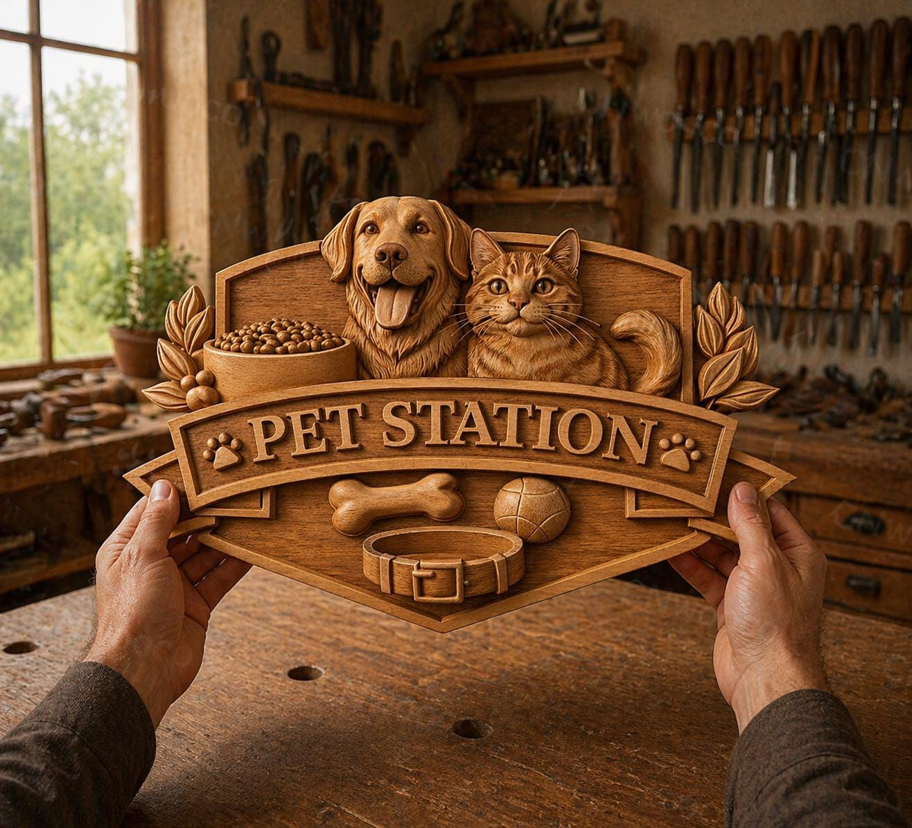 Fichier CNC & impression 3D station animaux chien chat – bas-relief panneau pour sculpture bois, décoration murale pet lover STL