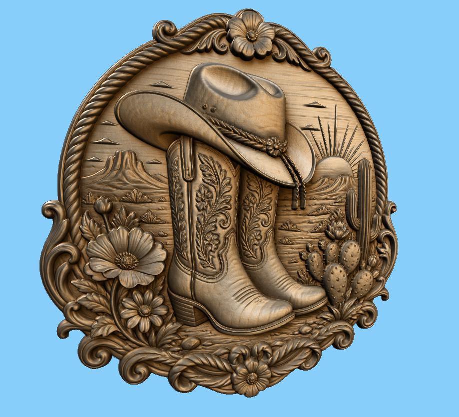 CNC & impression 3D bottes cowboy western, relief ranch STL haute qualité pour sculpture bois et décoration country