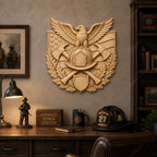 CNC & impression 3D pompier avec aigle casque et haches, STL haute qualité pour sculpture bois, combattant du feu relief