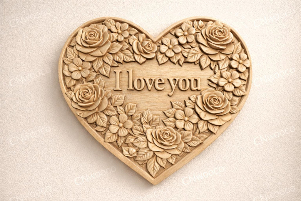 Fichier CNC & impression 3D cœur "I Love You" floral – bas-relief romantique pour sculpture bois, décoration murale STL